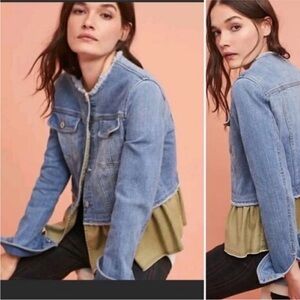 Pilcro and the Letterpress Blue Jean Jacket with Olive Green Hem.